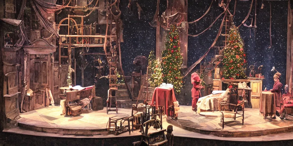 Prompt: set design stage design for a christmas carol