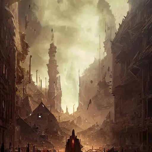 Prompt: portrair of a fantasy 1700 city ruined by war. fantastical setting, symmetric face, hyperrealism, epic fantasy digital art, fantasy style art, by Greg Rutkowski, fantasy magic the gathering card art style