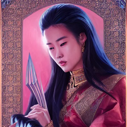 Image similar to portrait of a beautiful young asian woman with shoulder length hair and strong facial bone structure, queen and ruler of the universe, sitting on her throne, men kneeling at her feet, painting by ross tran