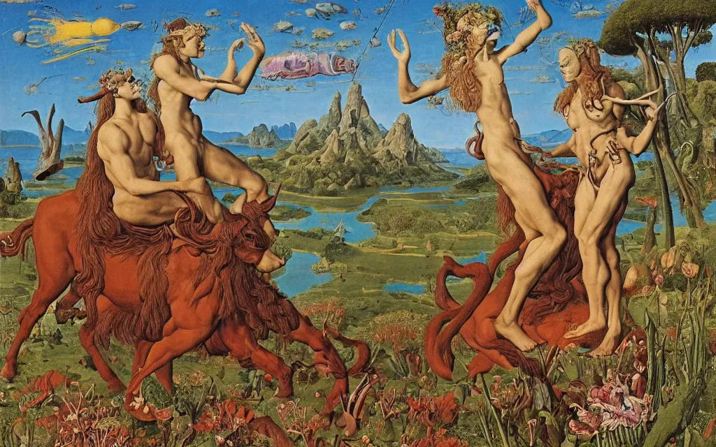 Image similar to a portrait photograph of a meditating satyr and a centaur monk riding a rocket machine and hunting at a river delta. surrounded by bulbous flowers and trees. mountain range under a blue sky of fiery stars. by jan van eyck, max ernst, ernst haeckel, ernst fuchs and artgerm, cgsociety, fashion editorial, 8 k