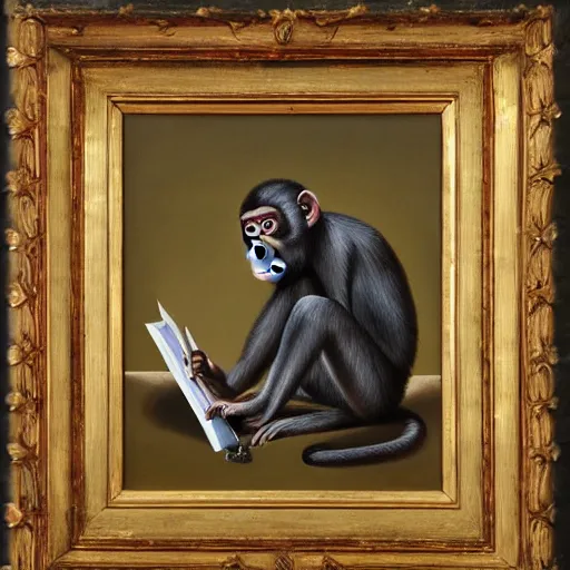 Prompt: a monkey philospher pens its magnum opus, oil on canvas