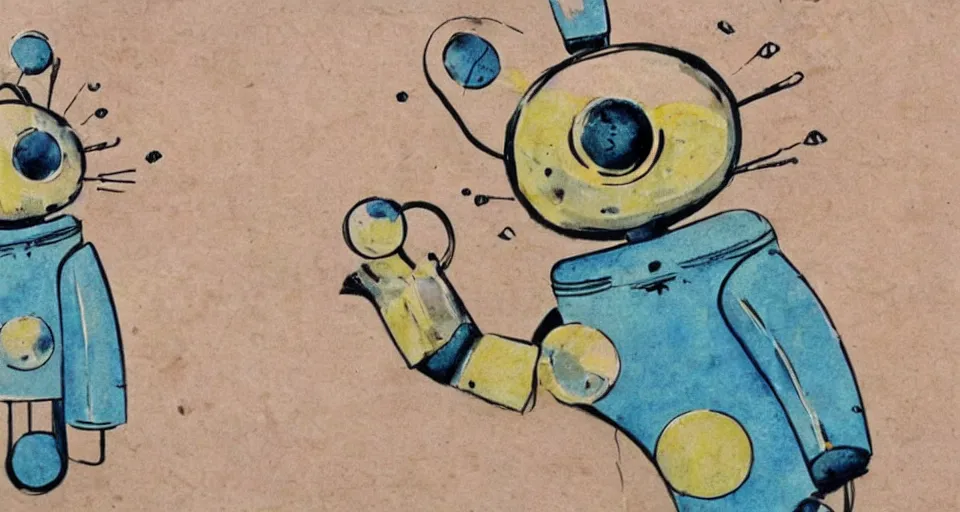Image similar to a cute retro robot cat. alcohol inks on parchment, muted colors, detailed, textured parchment background, 1 9 5 0 s concept art