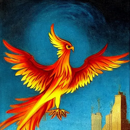 Prompt: Glowing Phoenix bird flying above a city at night painted by Caravaggio. High quality.