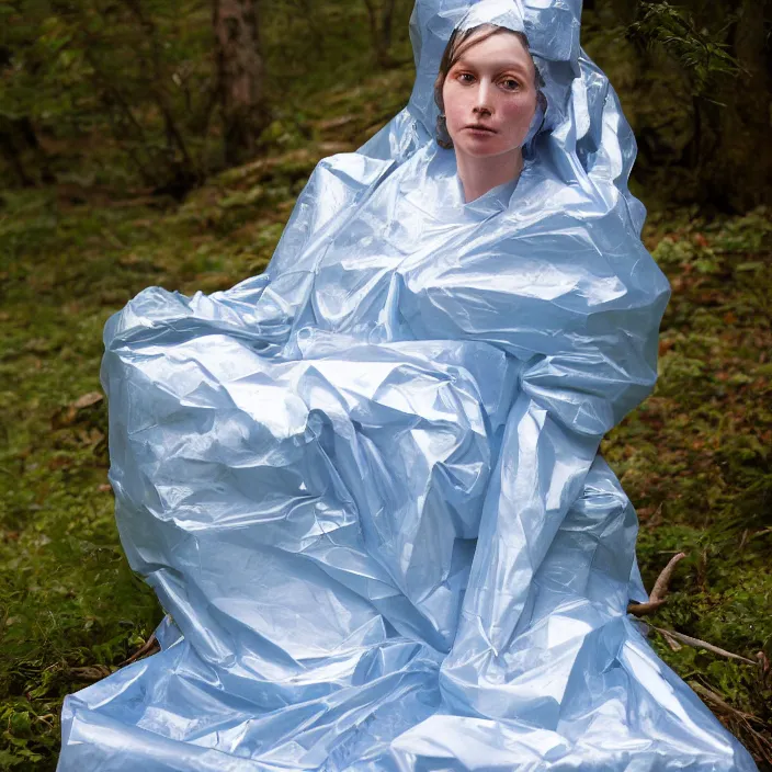 Prompt: a color photograph, closeup portrait of a woman wrapped in plastic, sitting in a plastic throne, in smokey mountains national park, color photograph, by vincent desiderio, canon eos c 3 0 0, ƒ 1. 8, 3 5 mm, 8 k, medium - format print