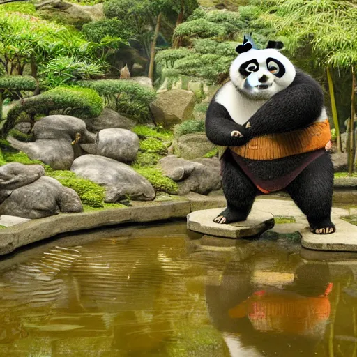 Prompt: photograph of Kung Fu Panda practicing in a Japanese mystical village, bonsai, streams, bamboo forest, koi ponds