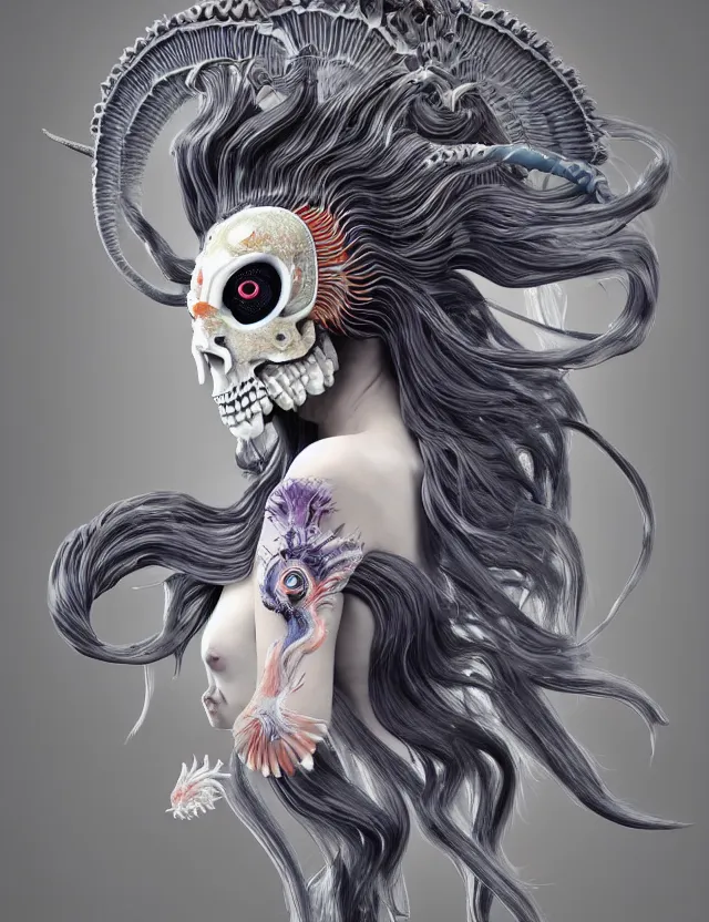 Image similar to 3 d goddess ram skull half - turn portrait with long hair with ram skull. beautiful intricately detailed japanese crow kitsune mask and clasical japanese kimono. betta fish, jellyfish phoenix, bio luminescent, plasma, ice, water, wind, creature, artwork by tooth wu and wlop and beeple and greg rutkowski