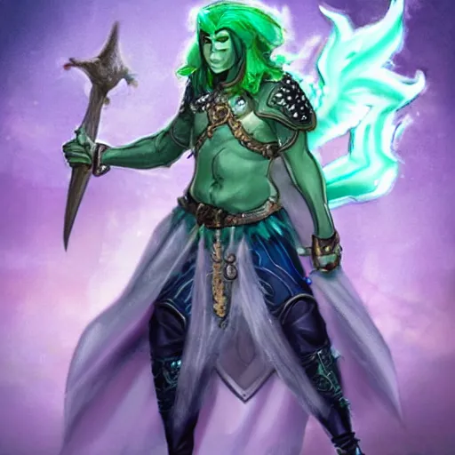 Image similar to a dnd triton with green hair, wielding a staff with a glowing crystal, wearing studded leather armor, male, dungeons and dragons character, digital art