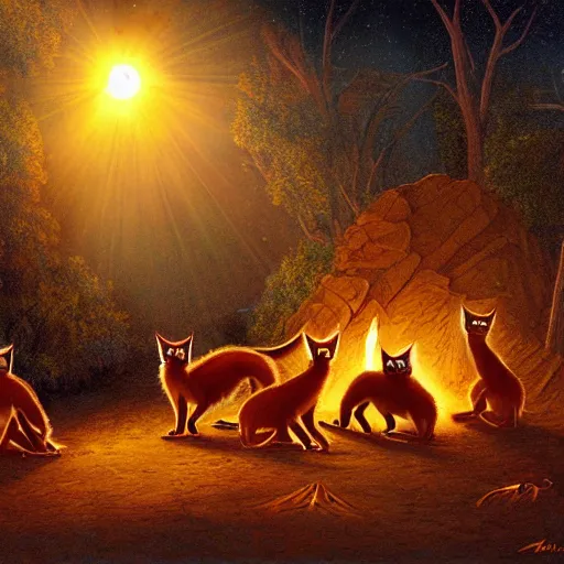 Prompt: group of cute caracals wearing red ties near campfire, one caracal playing a guitar, night, atmospheric lighting, painted, intricate, volumetric lighting, beautiful, rich deep colours masterpiece, golden hour, digital art
