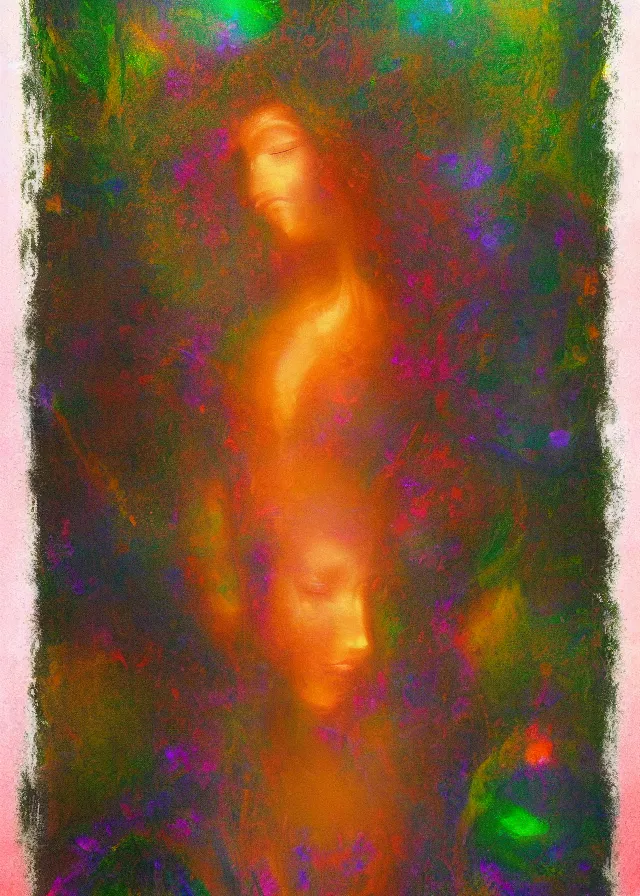 Prompt: serene deva of the golden blood mythos beloved (dreamy) gnostic fog, award winning oil painting, chromatic aberration sharp colors