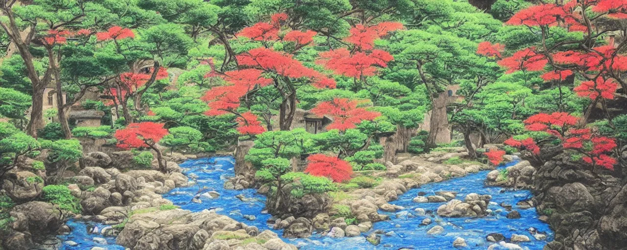 Prompt: a river running through a medieval village, summer, beautiful colors, japanese traditional art, award winning