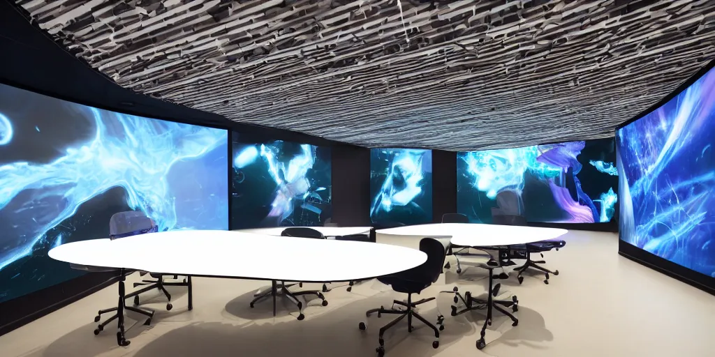 Image similar to stunning futuristic AI lab, projection screens, immersive graphics