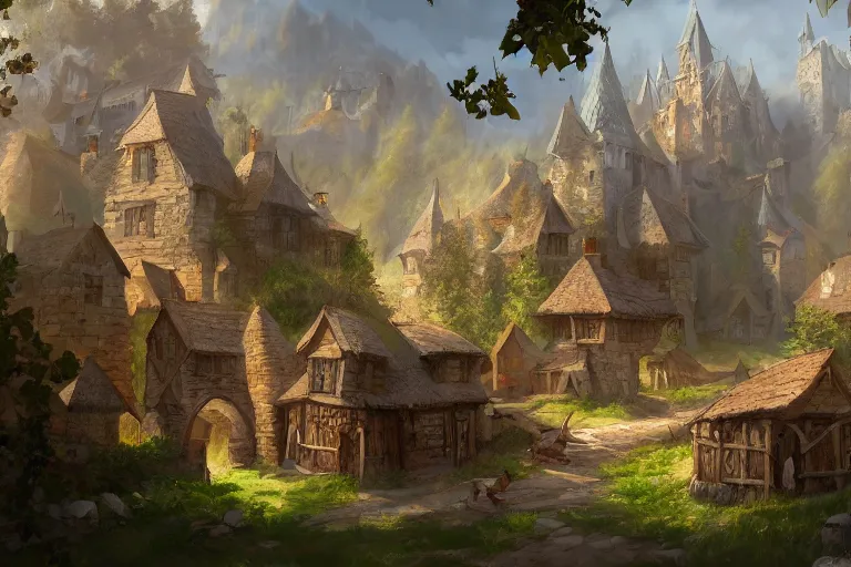 Image similar to A small medieval village, fantasy, D&D, concept art, sharp focus, trending on artstation, digital painting, midday, sunny, beautiful