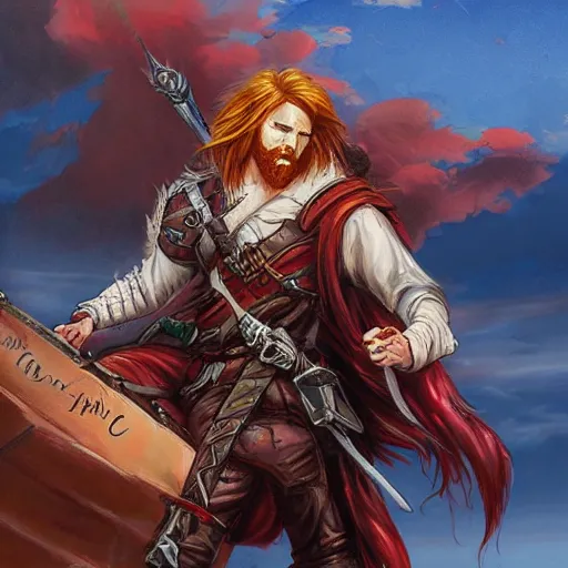 Prompt: an epic fantasy comic book style portrait painting of a long haired, red headed male sky - pirate in front of an airship in the style of bayard wu