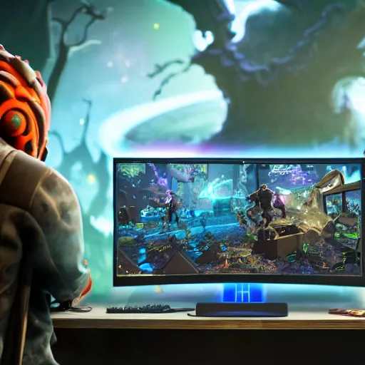 Image similar to view from behind of an eldritch lovecraftian cosmic horror wearing headset watching monitor displaying fortnite, intricate detail, cinematic composition