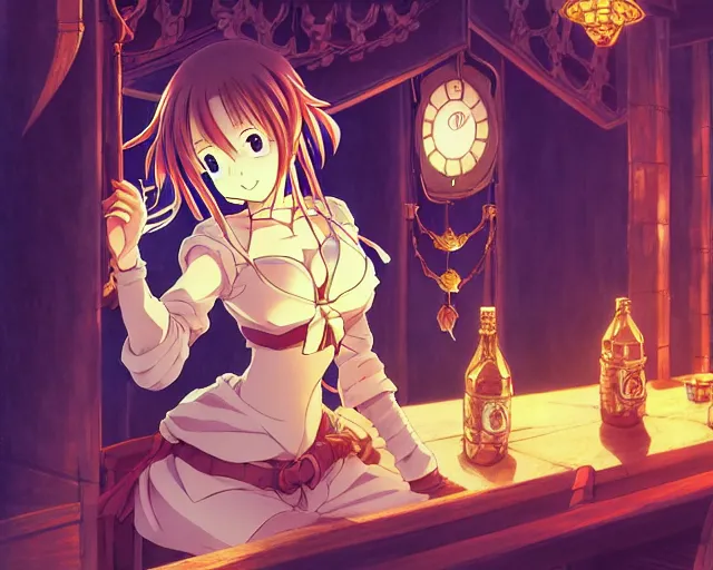 Image similar to anime visual, portrait of a young female in a busy fantasy medieval tavern interior at night, cute face by yoh yoshinari, murata range, last exile, blue submarine no 6, dynamic pose, dynamic perspective, detailed silhouette, seven deadly sins anime, anime cels, 1 9 9 0 s, flat lighting, rounded eyes