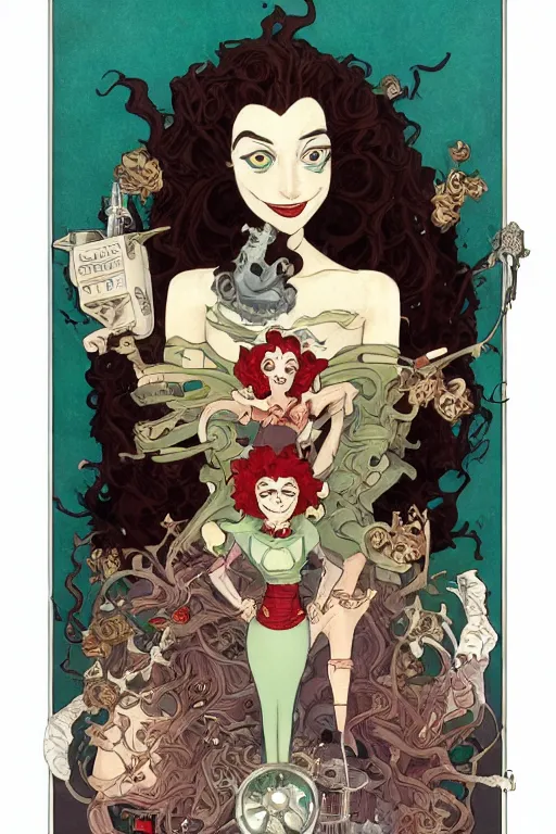 Image similar to portrait of crazy mad lady scientist, chimera from cruella devil merida olivier armstrong elsa elastigirl vanellope von schweetz flame princess toph garnet mikasa ackerman, stylized illustration by peter mohrbacher, moebius, mucha, victo ngai, colorful comics style, clean line