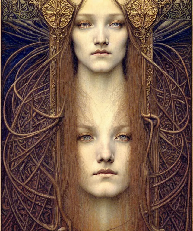 Image similar to detailed realistic beautiful young medieval queen face portrait by jean delville, gustave dore and marco mazzoni, art nouveau, symbolist, visionary, gothic, pre - raphaelite. horizontal symmetry