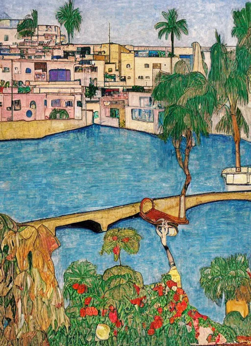 Image similar to ahwaz city in iran with a through arch bridge on local river, 3 boat in river, 2 number house near a lot of palm trees and bougainvillea, hot with shining sun, painting by egon schiele