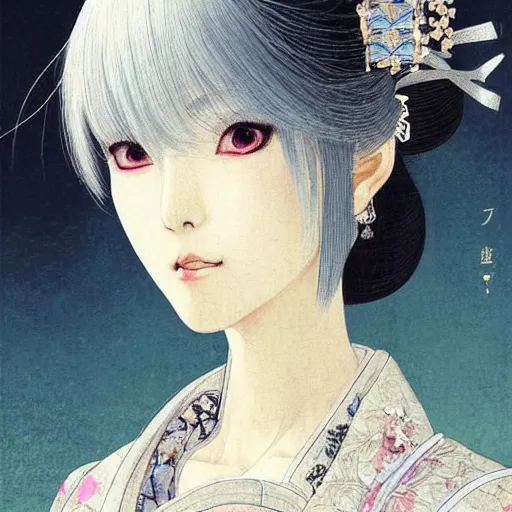 Prompt: Portrait of a japanese princess young lady, with white hair!!!! beauty artwork by Akihiko Yoshida, white hair