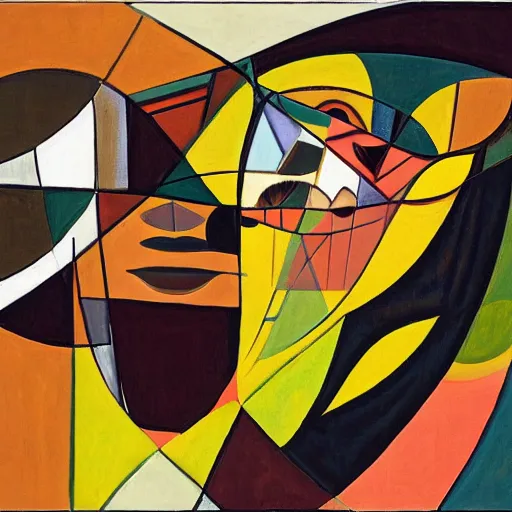 Prompt: A vividly detailed wide angle cubism painting of a illusory women sitting on an almost depthless flat chair with an African mask on her face looking angry, muted browns, yellows and blacks, digital art