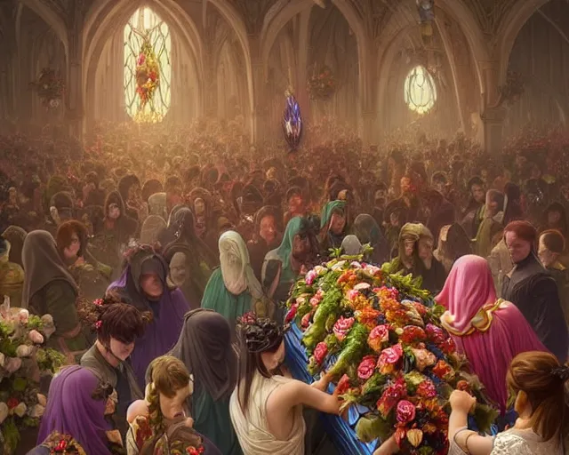 Image similar to a funeral with coffin, flowers and mourners inside a supermarket, photography of kurzgesagt, deep focus, d & d, fantasy, intricate, elegant, highly detailed, digital painting, artstation, concept art, matte, sharp focus, illustration, hearthstone, art by artgerm and greg rutkowski and alphonse mucha