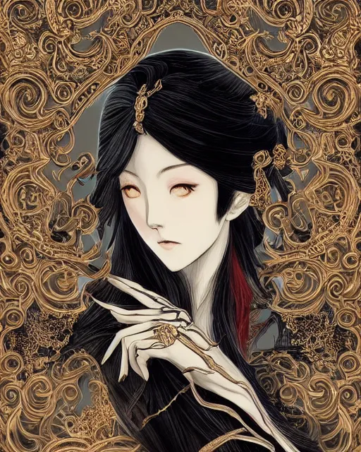 Image similar to otoyomegatari, baroque style, elegant, beautiful, mesmerizing, concept art, fancy clothing, highly detailed, artstation, behance, deviantart, inspired by innocent manga, inspired by castlevania concept art, trending, ayami kojima, shinichi sakamoto, kaoru mori