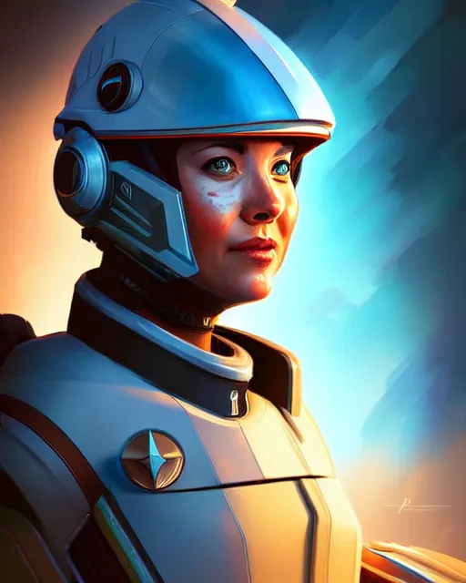 Image similar to portrait of a starship captain with a helmet as an apex legends character digital illustration portrait design 3 / 4 perspective, detailed, gorgeous lighting, wide angle action dynamic portrait