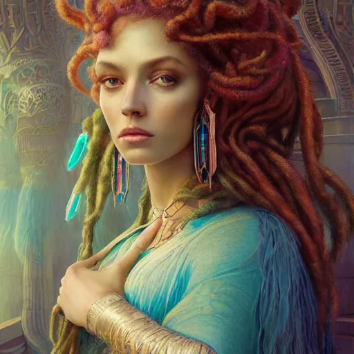 Image similar to octane render, artstation, 8 k, intricate detail, hyper detail, portrait by gaston bussiere, greg rutkowski, sandro botticelli, tan lady of elche egyptian sumerian techno mystic goddess princess intergalactica inanna with aqua neon rapunzel dreadlocks,