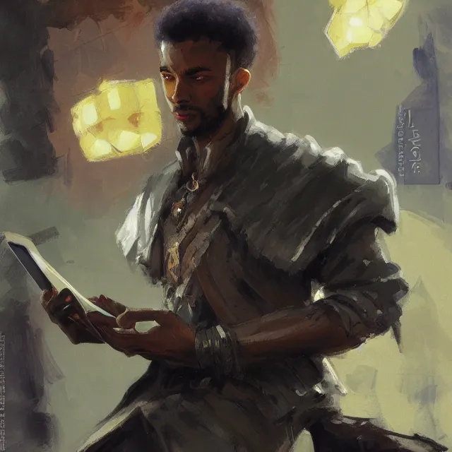 Image similar to a lightskinned black man with short hair, fantasy, using a macbook, elegant, intricate, digital painting, artstation, concept art, smooth, sharp focus, illustration, art by konstantin korovin and daniel f. gerhartz and john howe