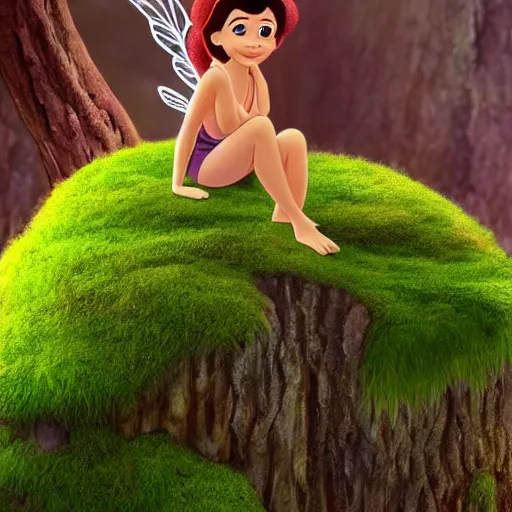 Image similar to fairy sitting on moss covered stump, from the jungle book, disney animation, extremely detailed