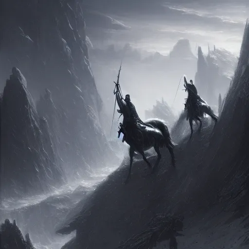 Image similar to futuristic matte concept art of the horseman of war by gustave dore and greg rutkowski and wlop, artstation, 4 k, intricate, rule of thirds