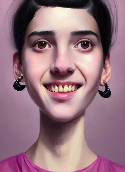 Image similar to portrait of teenage girl, realistic, black hair, bangs, half updo hairstyle, pointy nose, skinny, smile, ugly, defined jawline, big chin, pink hair bow, earrings, intricate, elegant, glowing lights, highly detailed, digital painting, artstation, sharp focus, illustration, art by wlop, mars ravelo and greg rutkowski