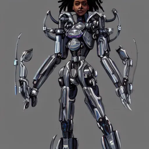 Image similar to a mecha version of an african woman with dreadlocks, with a septum nose ring piercing, very symmetrical, highly detailed, by vitaly bulgarov, by joss nizzi, by ben procter, by steve jung, concept art, quintessa, metal gear solid, transformers cinematic universe, concept art world, pinterest, artstation, unreal engine