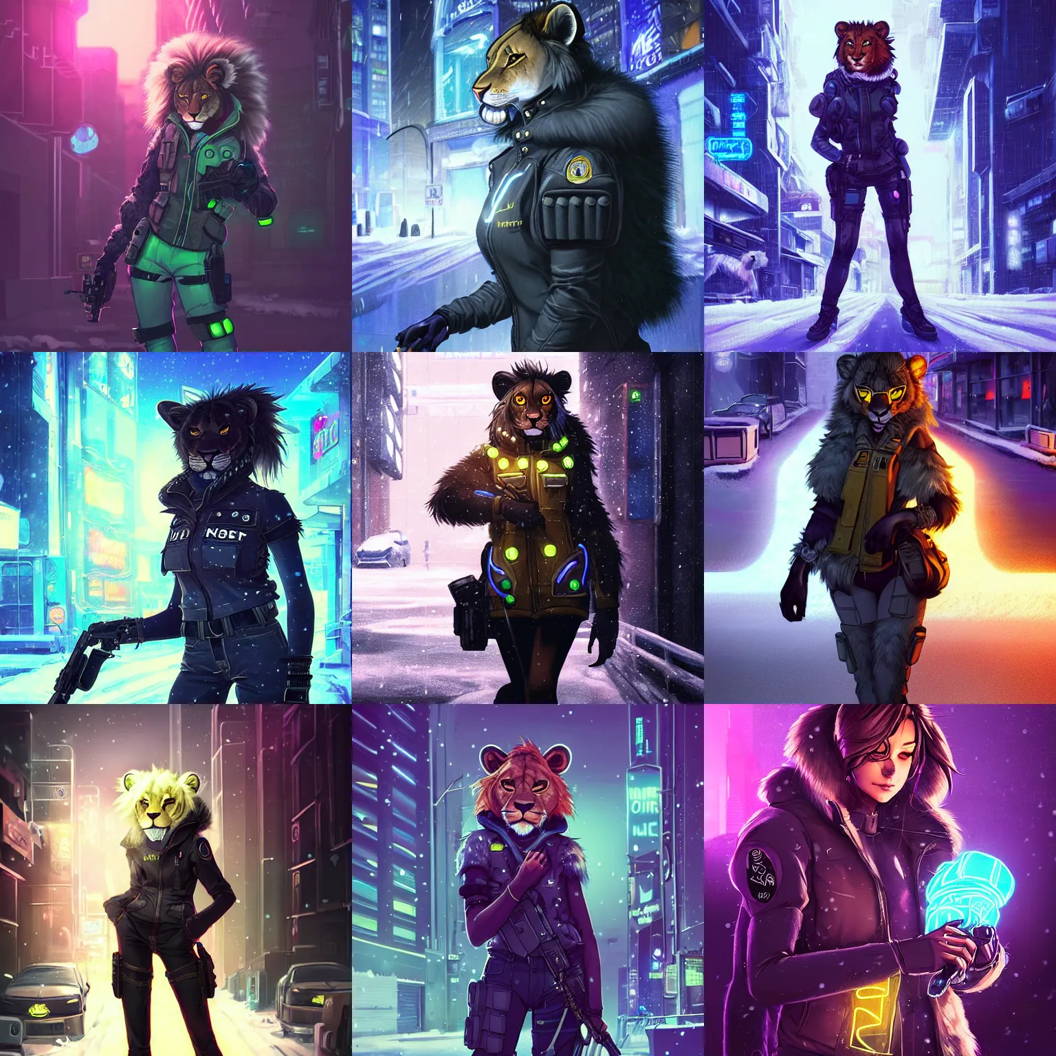 Prompt: beautiful furry art portrait commission of a female furry anthro lioness fursona wearing a tactical vest in the streets of a cyberpunk city at night in the snow. neon light. character design by charlie bowater, ross tran, artgerm, and makoto shinkai, detailed, inked, western comic book art
