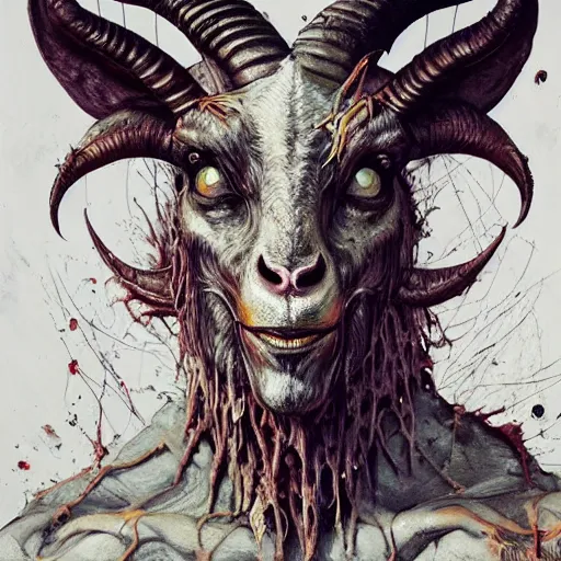 Prompt: Baphomet goat man, melting, organic biomass, webbing,8k,by tristan eaton,Stanley Artgerm,Tom Bagshaw,Greg Rutkowski,Carne Griffiths, Ayami Kojima, Beksinski, Giger,trending on DeviantArt,hyper detailed,horror, full character design, full of colour