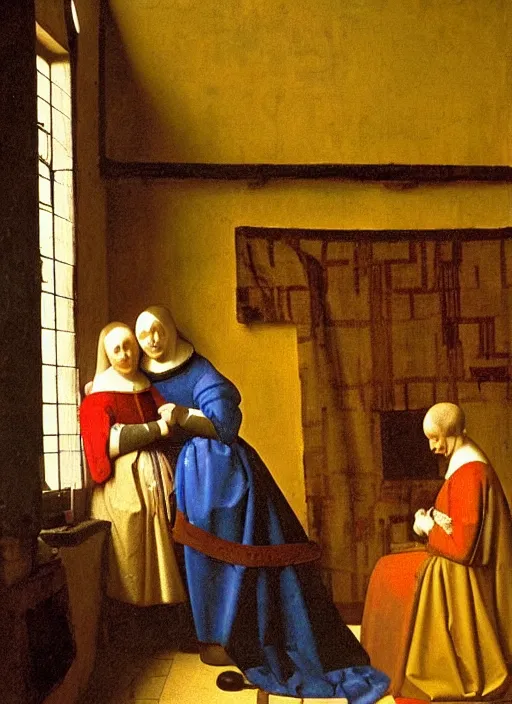 Image similar to date at the crowded medieval inn. Medieval painting, by Johannes Vermeer, Jan van Eyck