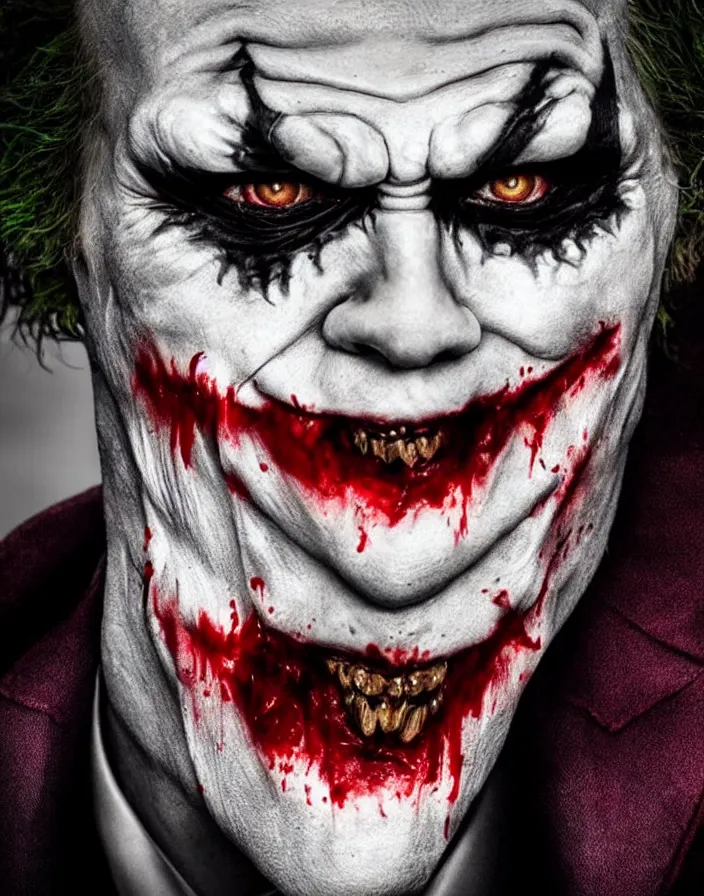 Prompt: a really creepy photography of joker the batman nemesis, hyper realistic, ultra detailed, portrait photo, horror, blood