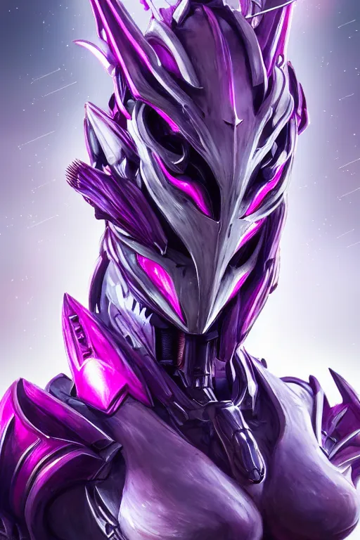 Image similar to bust shot, hyperdetailed realistic elegant beautiful stunning giant robot mecha hot female goddess dragon, sharp spines, sharp metal ears, smooth purple eyes, smooth fuschia skin, smooth silver armor, nebula size, space, epic proportions, epic scale, macro giantess, warframe, destiny, furry, dragon art, goddess art, giantess art, furaffinity, octane
