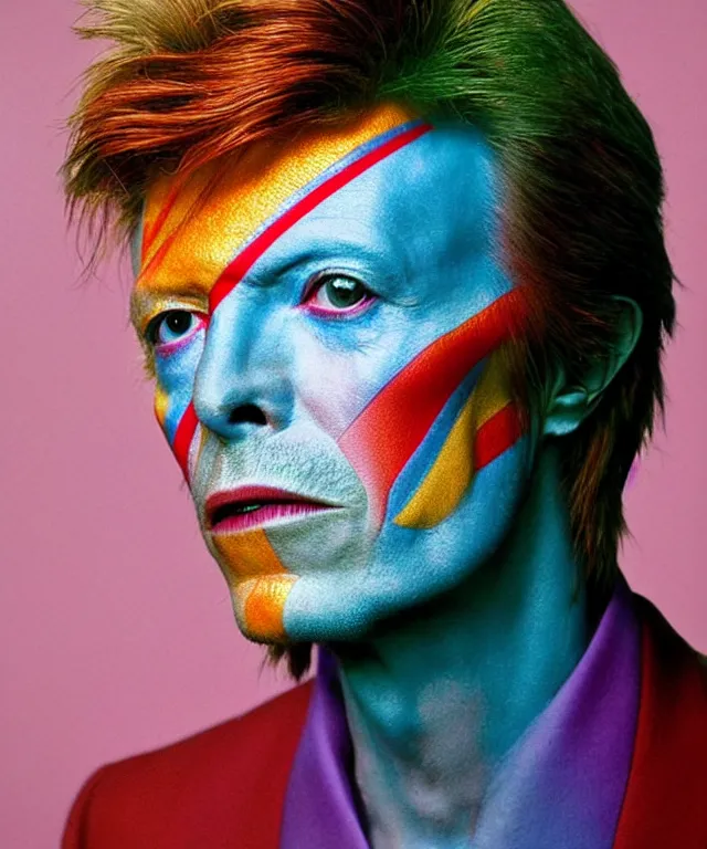 Prompt: a color photograph of david bowie, by catherine opie, intense, bold, exaggerated, overblown, hyperrealistic, ultra sharp, extra details, ultra high quality, trending on pinteresst