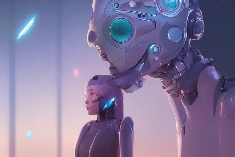 Image similar to highly detailed surreal vfx portrait of a robot android, stephen bliss, unreal engine, greg rutkowski, loish, rhads, beeple, makoto shinkai and lois van baarle, ilya kuvshinov, rossdraws, tom bagshaw, global illumination, detailed and intricate environment