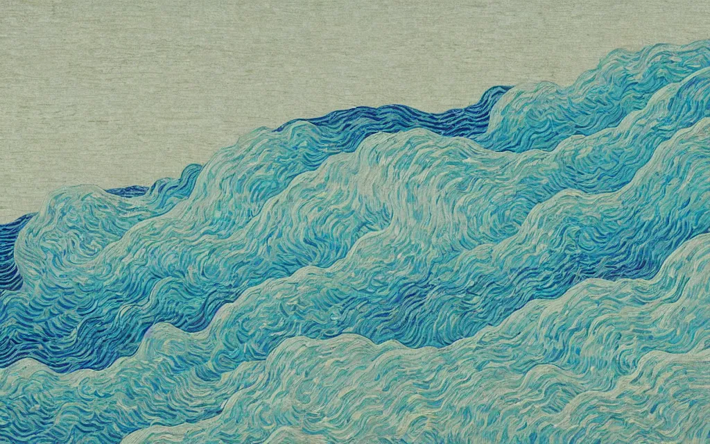 Image similar to a beautiful quiet beach in okinawa, fractal waves. japanese embroidery. retro minimalist art by jean giraud and van gogh.