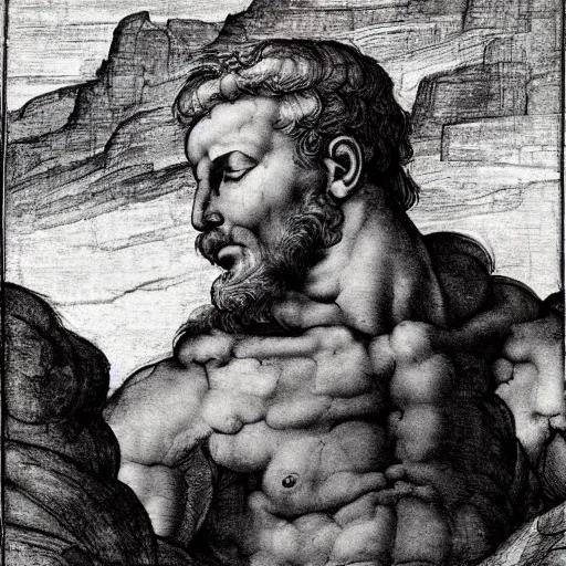 Image similar to a man looking in the distance from the top of a mountain, michelangelo, 1 4 5 0