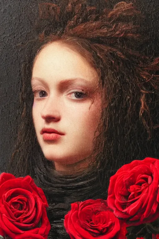 Prompt: hyperrealism extreme close-up portrait of knight in red paint, black roses in hair, in style of classicism