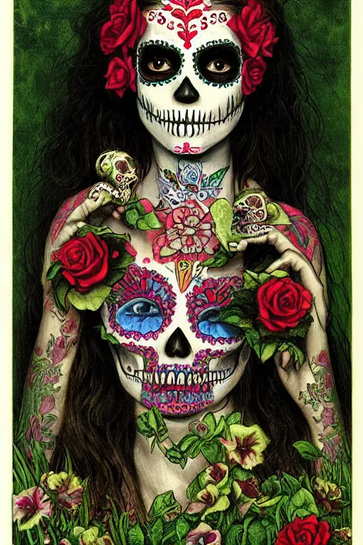 Prompt: Illustration of a sugar skull day of the dead girl, art by edward robert hughes