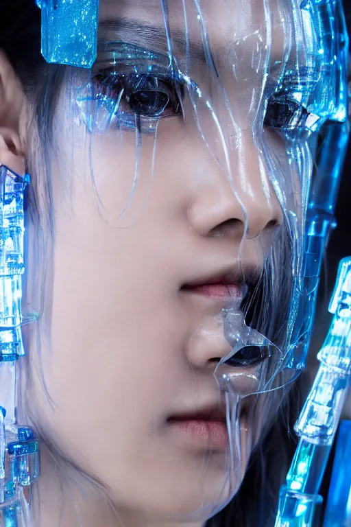 Image similar to a close - up full shot of a cyberpunk japanese woman with cold blue eyes and pretty face wearing lots of transparent and cellophane accessories, huge earrings, blue hour, cool, cold, crisp, by mayumi hosokura