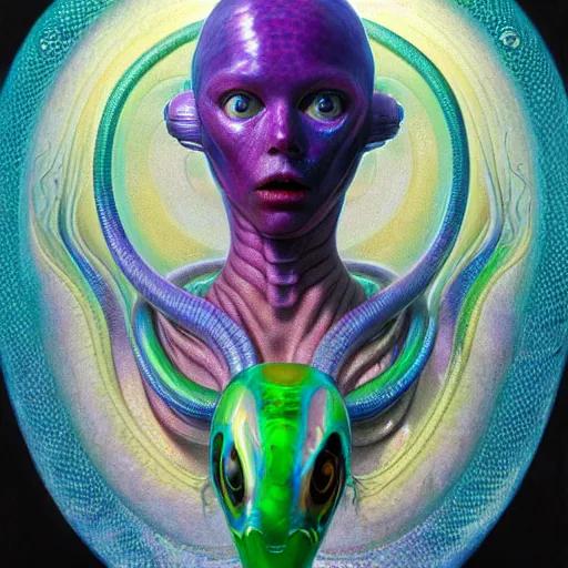 Image similar to intricate colorful transparent portrait of a disturbing beautiful alien snake creature, mottling coloring, adorable, childlike, whimsical, robotic, ultra realistic, concept art, art nouveau, photorealistic, octane render, 8 k, unreal engine. art by christopher marley and artgerm and greg rutkowski and alphonse mucha, and rene magritte