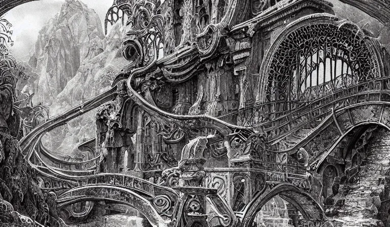 Prompt: ancient mystical bridge, the ancient gods glitchcore landscape, Precise and Intricate Linework, Art Nouveau Cosmic 4k Detailed Matte Illustration trending on Flickr ,CGSociety, eldritch color, Pastiche by Albrecht Dürer, Pastiche by Don Maitz