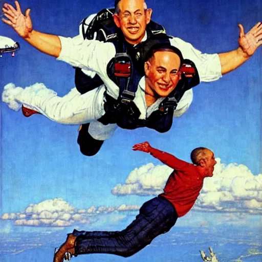 Image similar to benjamin netanyahu skydiving, plane in background, by norman rockwell and michael cheval