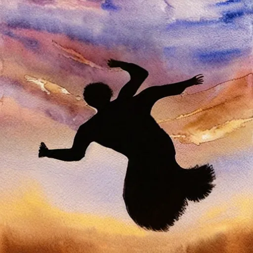 Image similar to egyptian man with long curly hair skydiving with a small black puppy, dreamy clouds, pastel tones, watercolor painting, intricate details, sharp, fairylike, peaceful