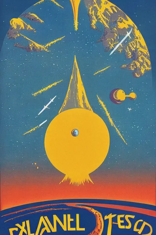 Image similar to 7 0 s travel poster for an extraterrestrial system destination, daniel marriam